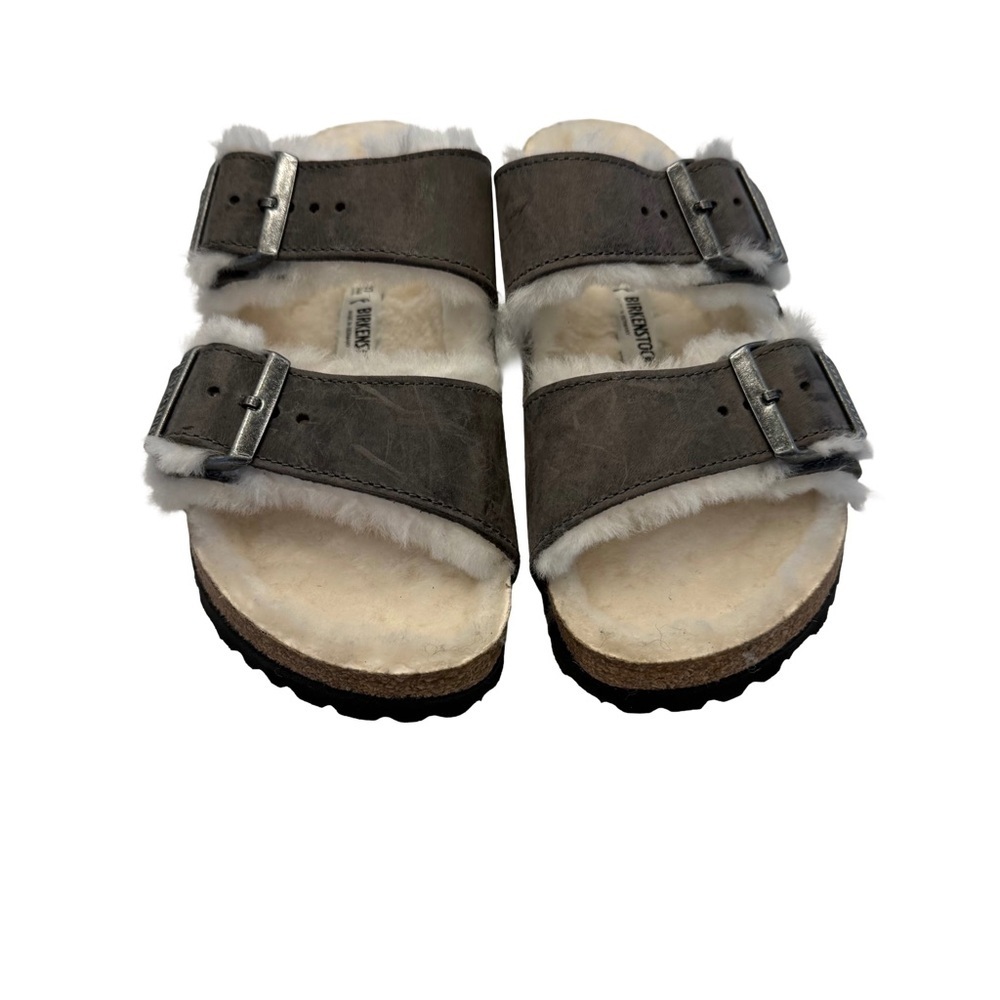 BIRKENSTOCK ARIZONA WOMENS SHEARLING OILED LEATHER  SANDALS GRAY Sz 6 / 37 NEW